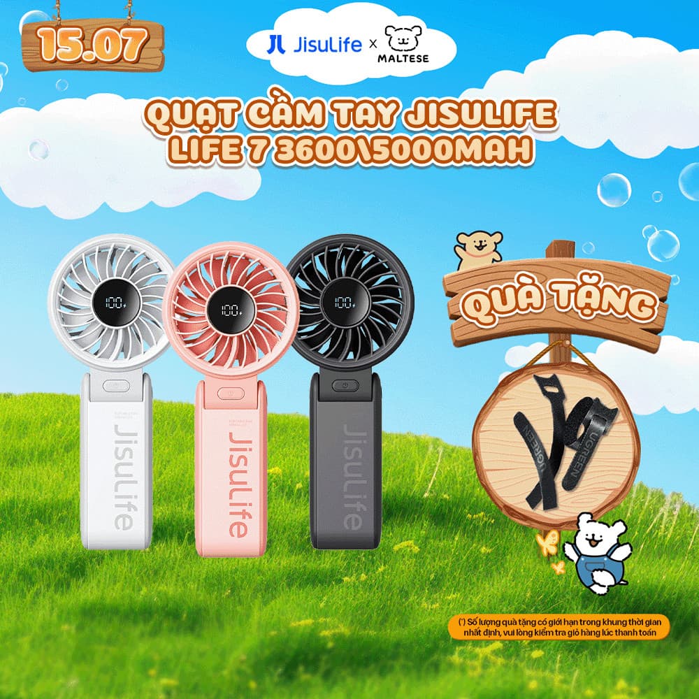 Quạt cầm tay tích điện mini Jisulife Life 7 5 cấp độ gió 3600/5000mAh - Sử dụng lên đến 12h - Chính hãng - BH 12 tháng