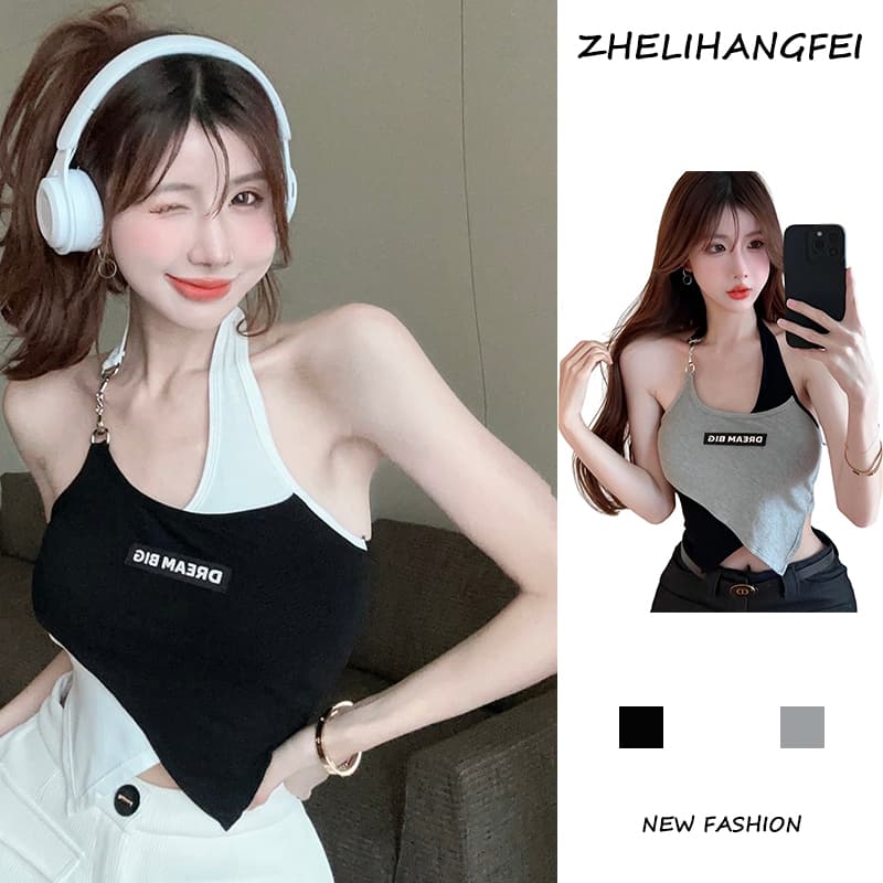 ZHELIHANGFEI Áo Croptop Hai Dây Lưng Cao Phối Dây Xích Thời Trang Cá Tính Cho Nữ