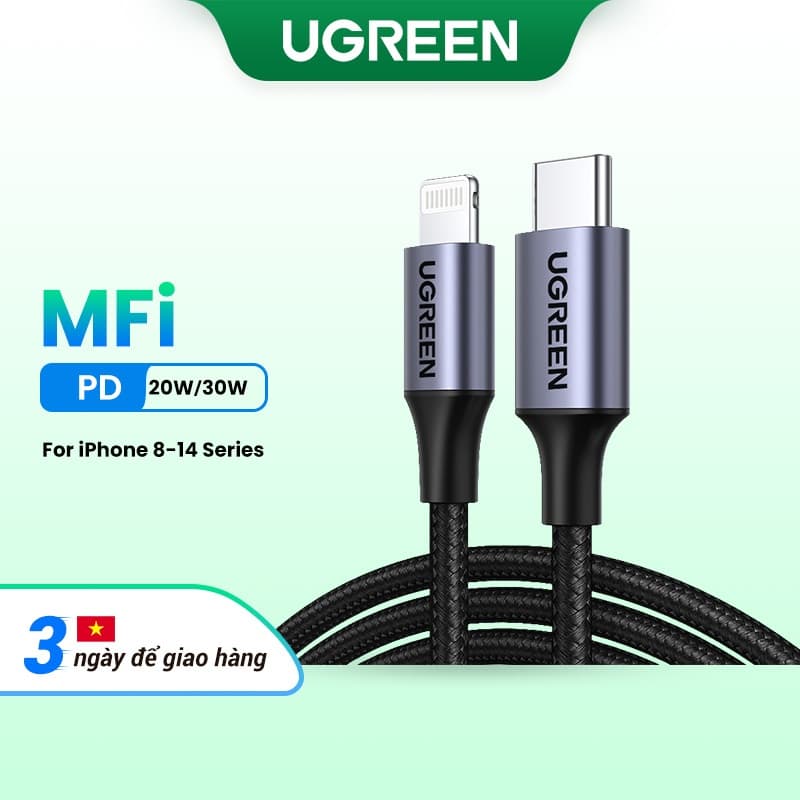 Cáp sạc nhanh UGREEN MFI Bradied USB C 20W PD thích hợp cho iPhone 14 / 14 Max / 14 Pro / Pro Max