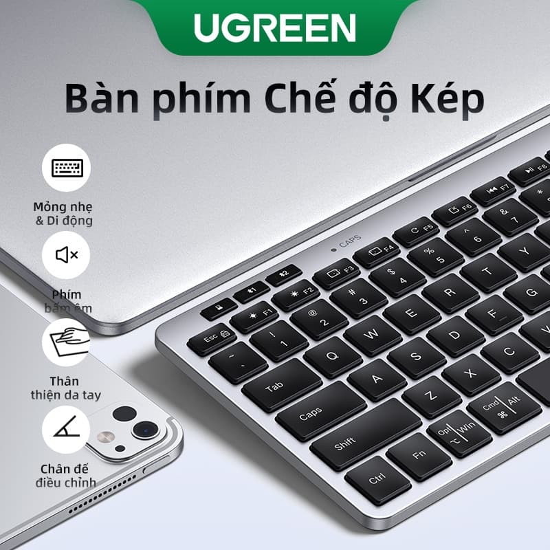Bàn phím không dây di động màu đen UGREEN Slim Bluetooth 5.3 + 2.4G Bàn phím nhấp chuột im lặng