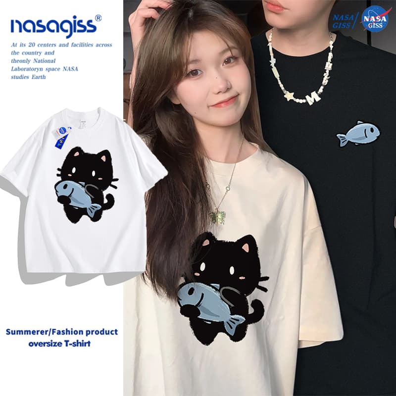 NASA Áo thun nam nữ Tay Lỡ thường ngày Trend mèo con in hình form rộng Cổ tròn Cotton Mềm mại Unisex
