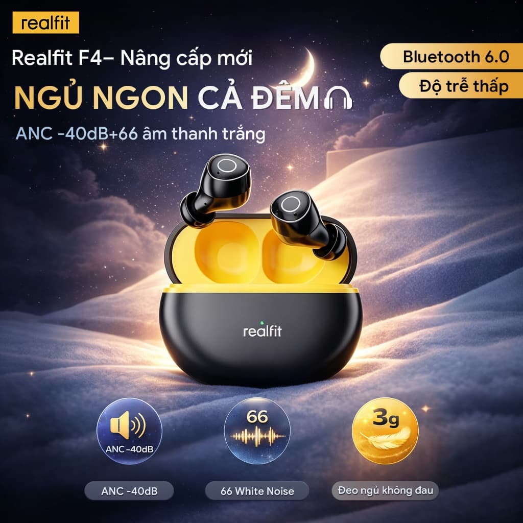 Tai Nghe Bluetooth Realfit F4 Nâng cấp Mới,Chống ồn ANC-40dB APP Riêng, 66 Âm Trắng,BT6.0, Bass Mạnh