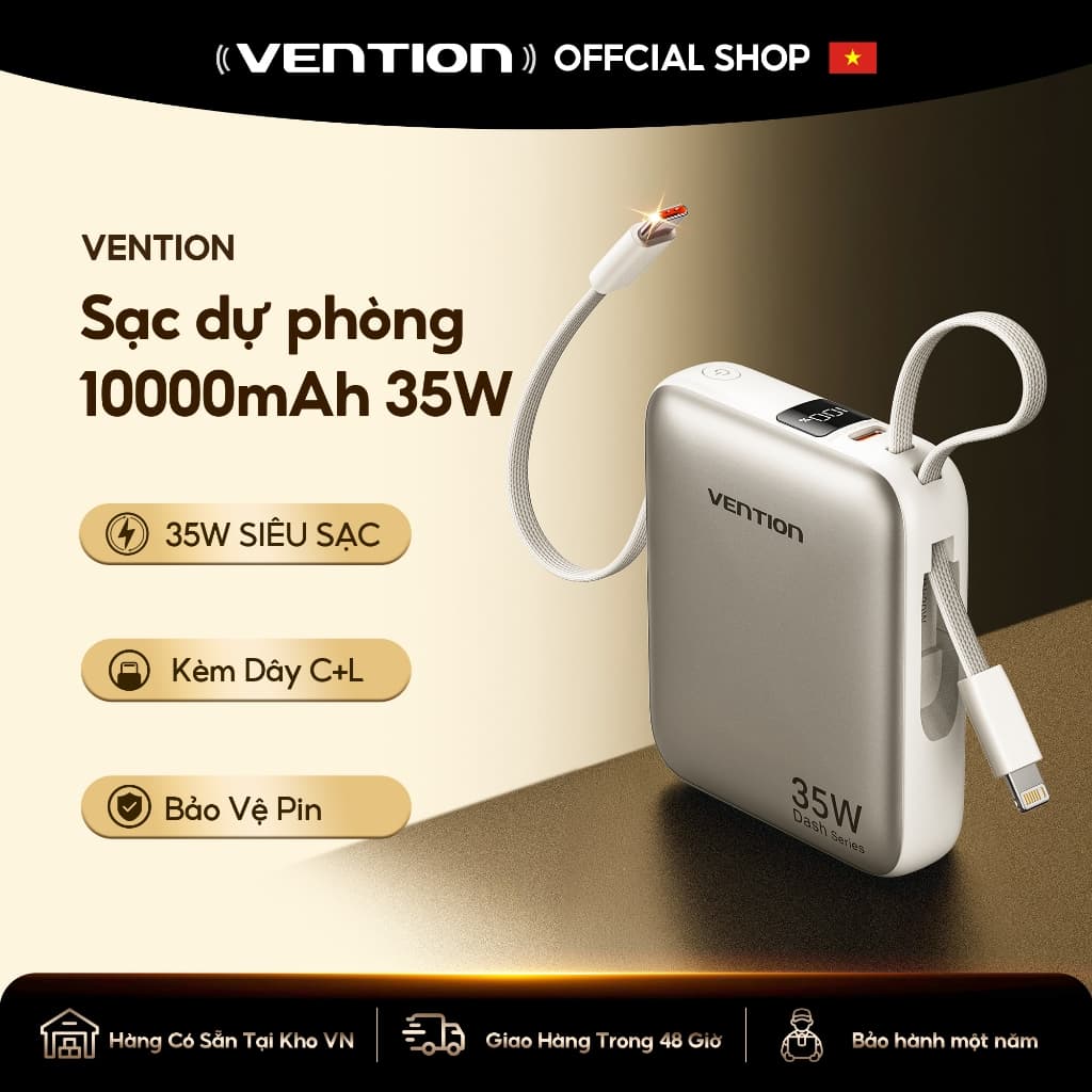 Vention Sạc Dự phòng 10000mAh có sạc nhanh 35W Super Mini – Cáp tích hợp Type C +L - PD, màn hình LED - kỹ thuật số - Pin sạc dự phòng Nhanh 35W Cho Điện Thoại, Máy Tính Bảng - Thiết Kế Nhỏ Gọn - Bảo Hành 12 tháng