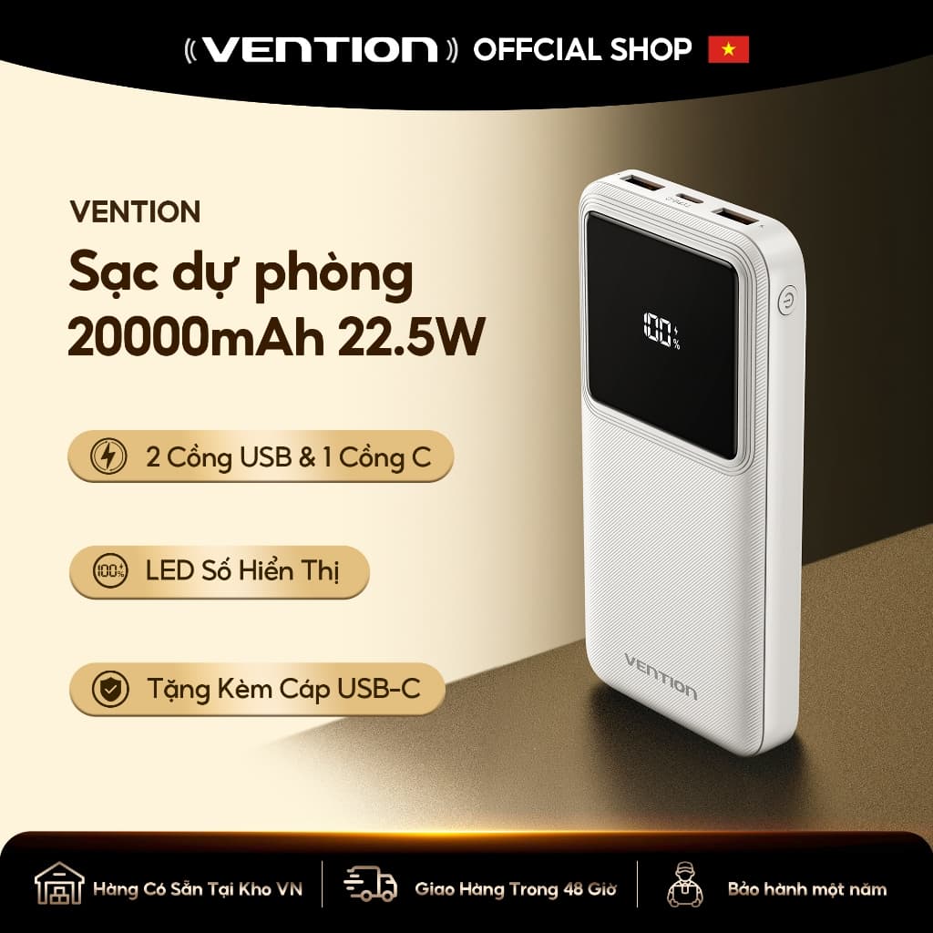 Vention Sạc dự phòng 20000mAh - Có Sạc nhanh 22.5W –Pin sạc dự phòng 30000mAh Cổng USB-A, USB-C, Micro USB - Tương thích Phone, Xiaomi, Huawei, Samsung, Oppo, Vivo - Hàng Chính Hãng