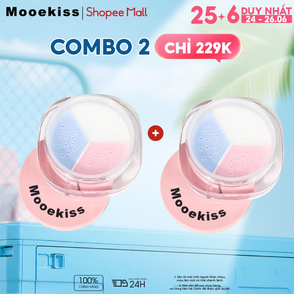 [KOL Combo 2] Bột rời 3 màu Mooekiss, Bột chống thấm & kiểm soát dầu mờ, Làm sáng & lâu trôi cho da khô & dầu