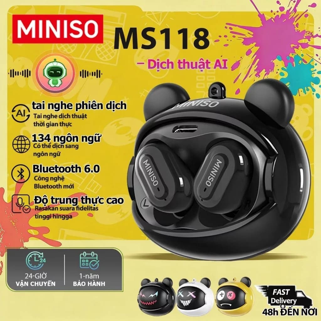 MINISO MS118 [Mẫu mới] Tai nghe nhét tai dịch thuật AI Tai nghe Bluetooth trong Thiết kế sành điệu, có thể xoay và tùy chỉnh Tuổi thọ pin siêu dài nghe chơi game Độ trễ thấp