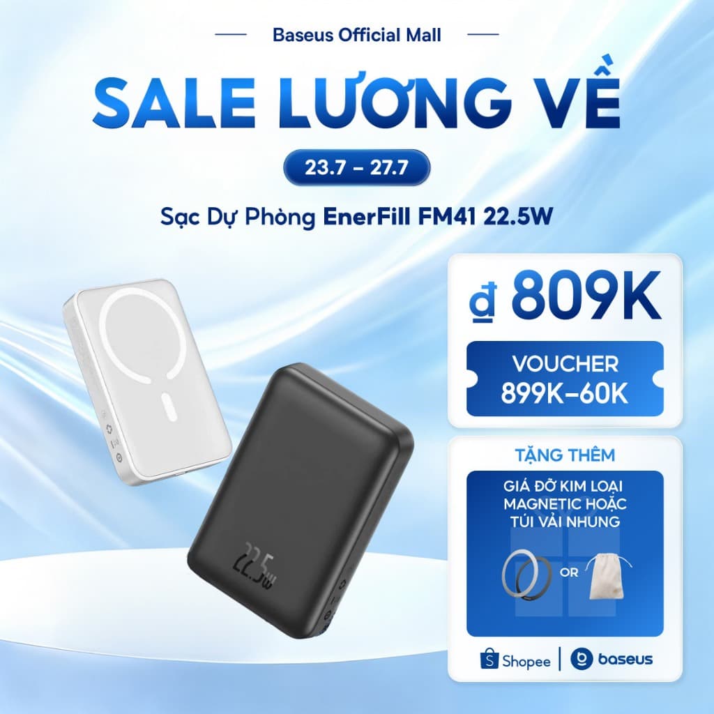 Sạc Dự Phòng EnerFill FM41 20W Baseus 20000mah mini không dây có nam châm tự động bật / tắt thích hợp cho phone 15 14 13 12 pro max