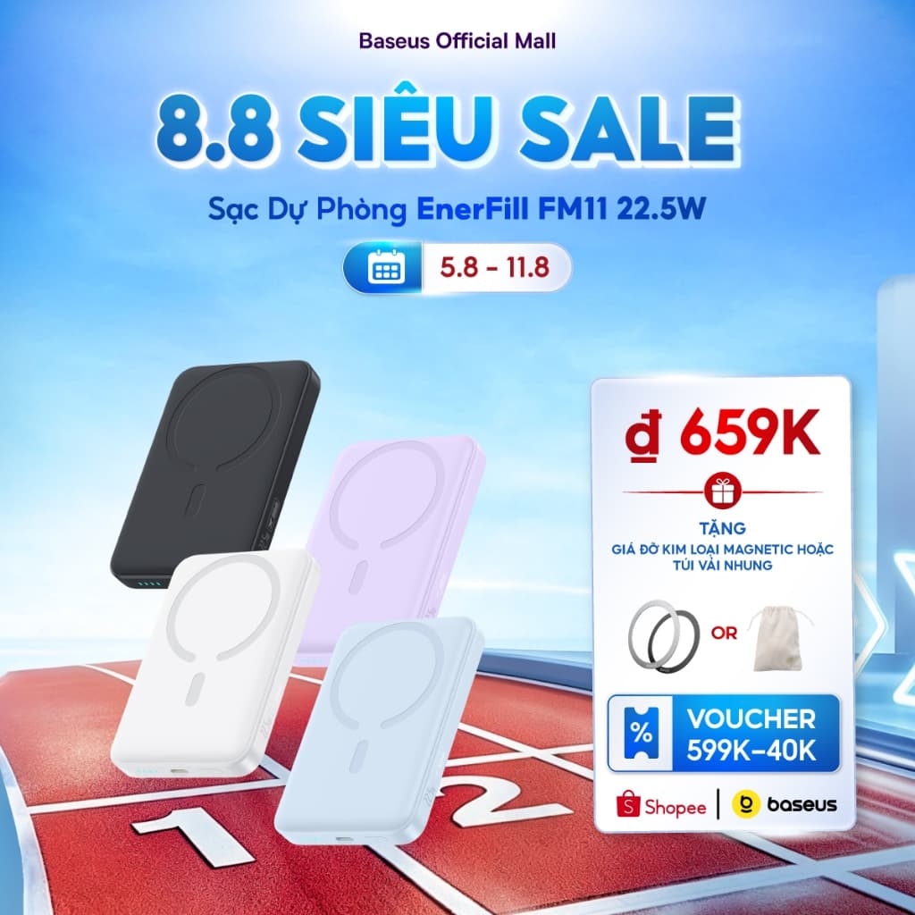 Pin sạc dự phòng không dây FM11 22.5W BASEUS 10000mah mini có nam châm thích hợp cho phone