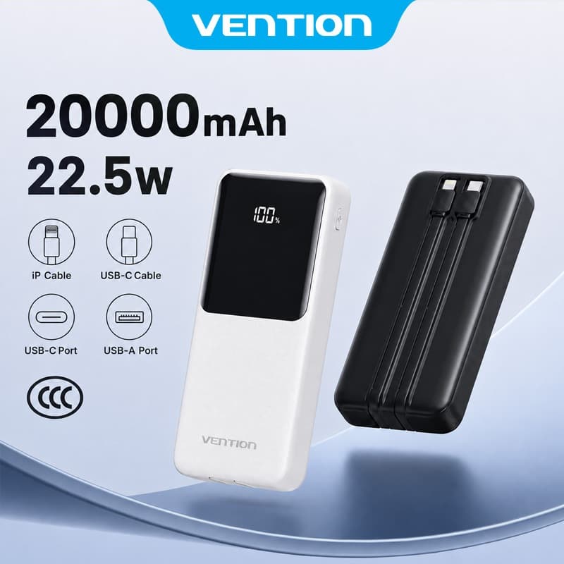 Vention Sạc Dự Phòng 20000mAh có sạc nhanh PD 22.5W - Tích Hợp Dây Type C, L - Power Bank- Công Nghệ Sạc Nhanh -Màn hình kỹ thuật số - Pin dự phòng cho phone 15 /14/13/12/11 XiaoMi Huawei Sansumg - Được Mang Lên Máy Bay - Hàng Chính Hãng, BH 12 tháng