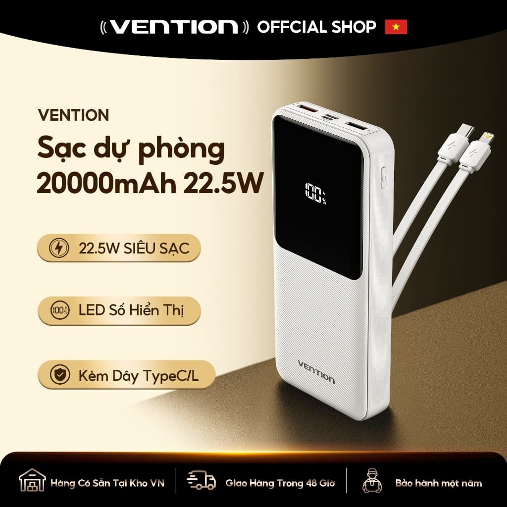 Vention Sạc Dự Phòng 20000mAh có sạc nhanh PD 22.5W - Tích Hợp Dây Type C, L - Power Bank- Công Nghệ Sạc Nhanh -Màn hình kỹ thuật số - Pin dự phòng cho phone 15 /14/13/12/11 XiaoMi Huawei Sansumg - Được Mang Lên Máy Bay - Hàng Chính Hãng, BH 12 tháng
