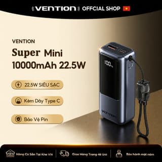 【Hàng mới 2026】Vention Sạc dự phòng 10000mAh có dây đeo và cáp Type-C tích hợp sạc nhanh 22.5W hoàn hảo cho du lịch bảo hành chính hãng Dùng được cho IPhone, Samsung, Xiaomi, Vivo, OPPO.