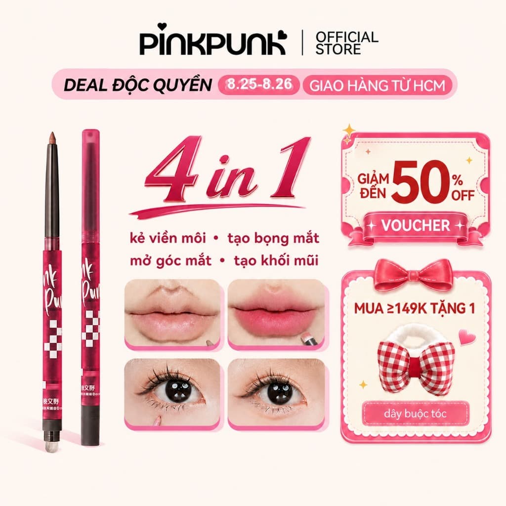 [MỚI] Bút Chì Kẻ Viền Môi PinkPunk 4 in 1 kẻ Bọng Mắt Mở Góc Mắt Tạo Khối Mũi Sáp Kết Cấu Căng Mọng 0.25g