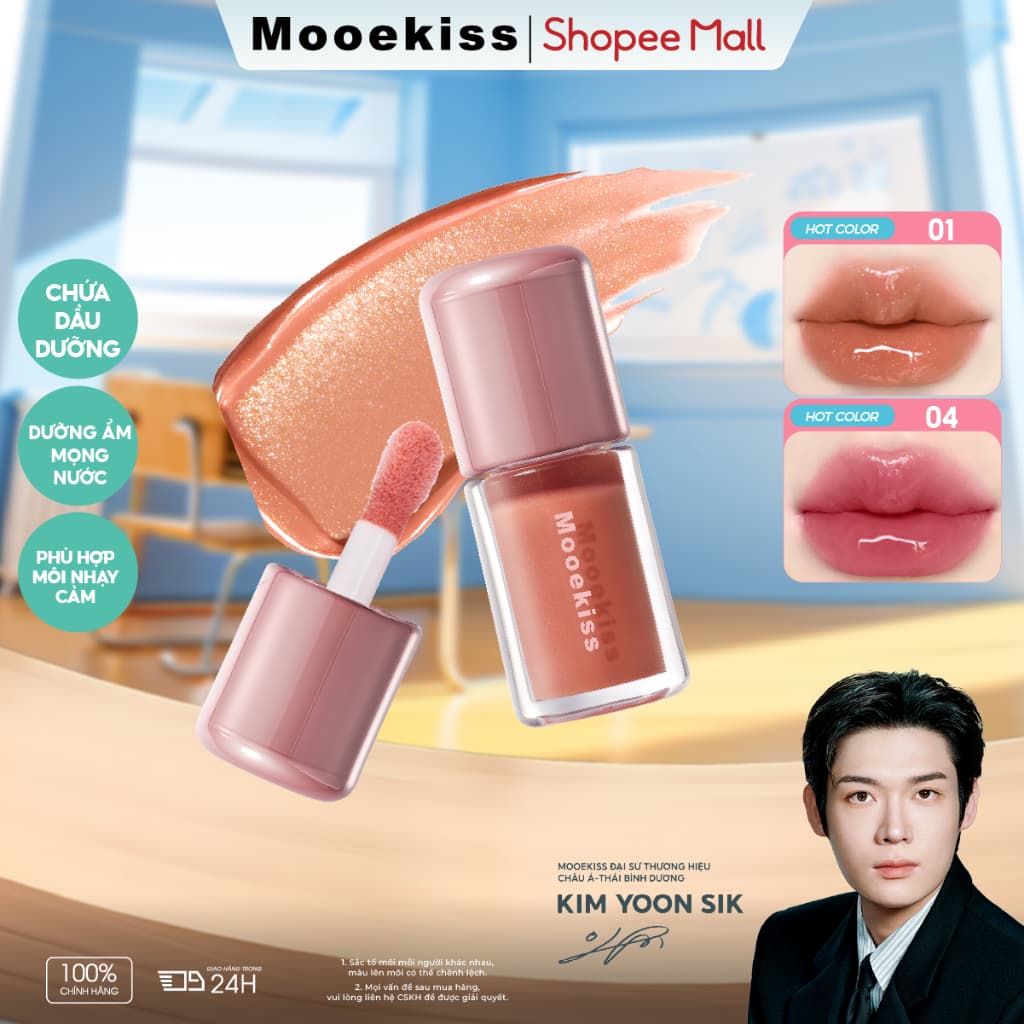 Son Tint Mooekiss Water Gloss, Căng Bóng Môi, Hiệu Ứng Gương, Lâu Trôi, Nhiều Màu Trend
