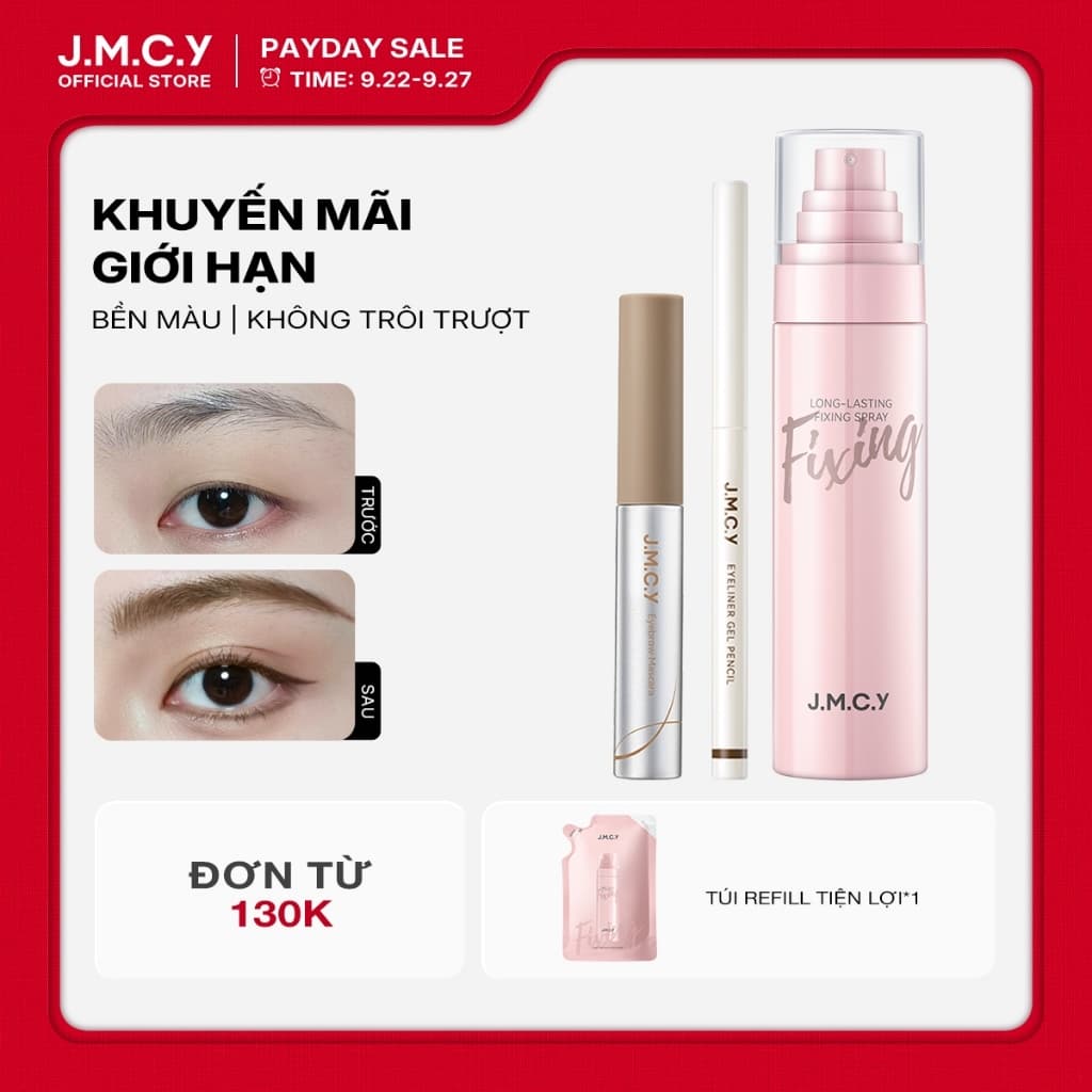 JMCY Bộ 3 Khoá Trang & Đôi Mắt | Xịt Khoá Trang Lâu Trôi, Bút Kẻ Mắt Mượt Mà, Mascara Mày Định Hình | Bền Màu Cả Ngày