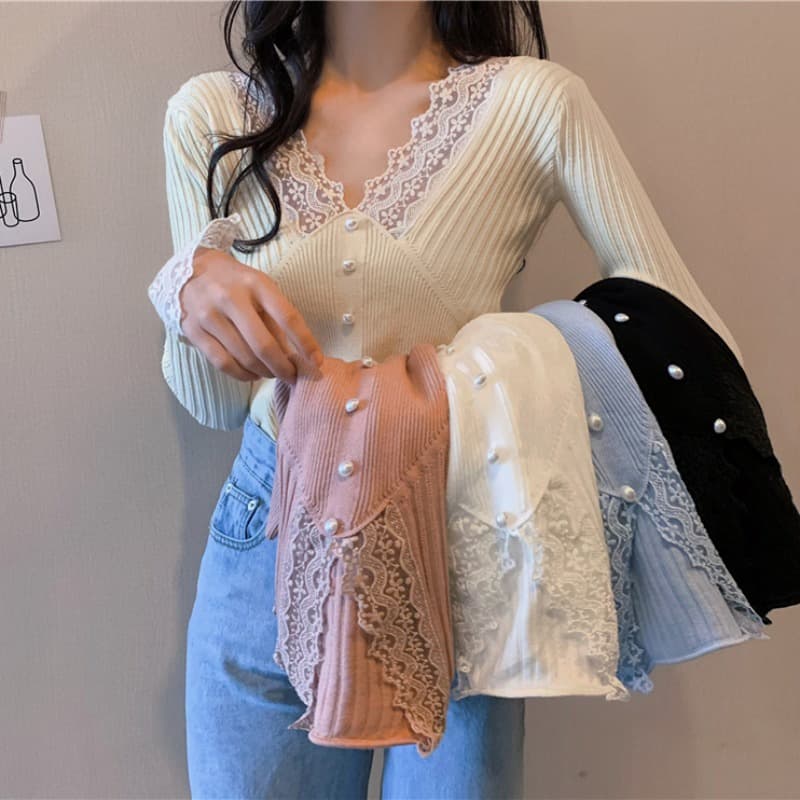 Áo dệt kim ZHELIHANGFEI tay dài phối ren hoa phong cách phương Tây