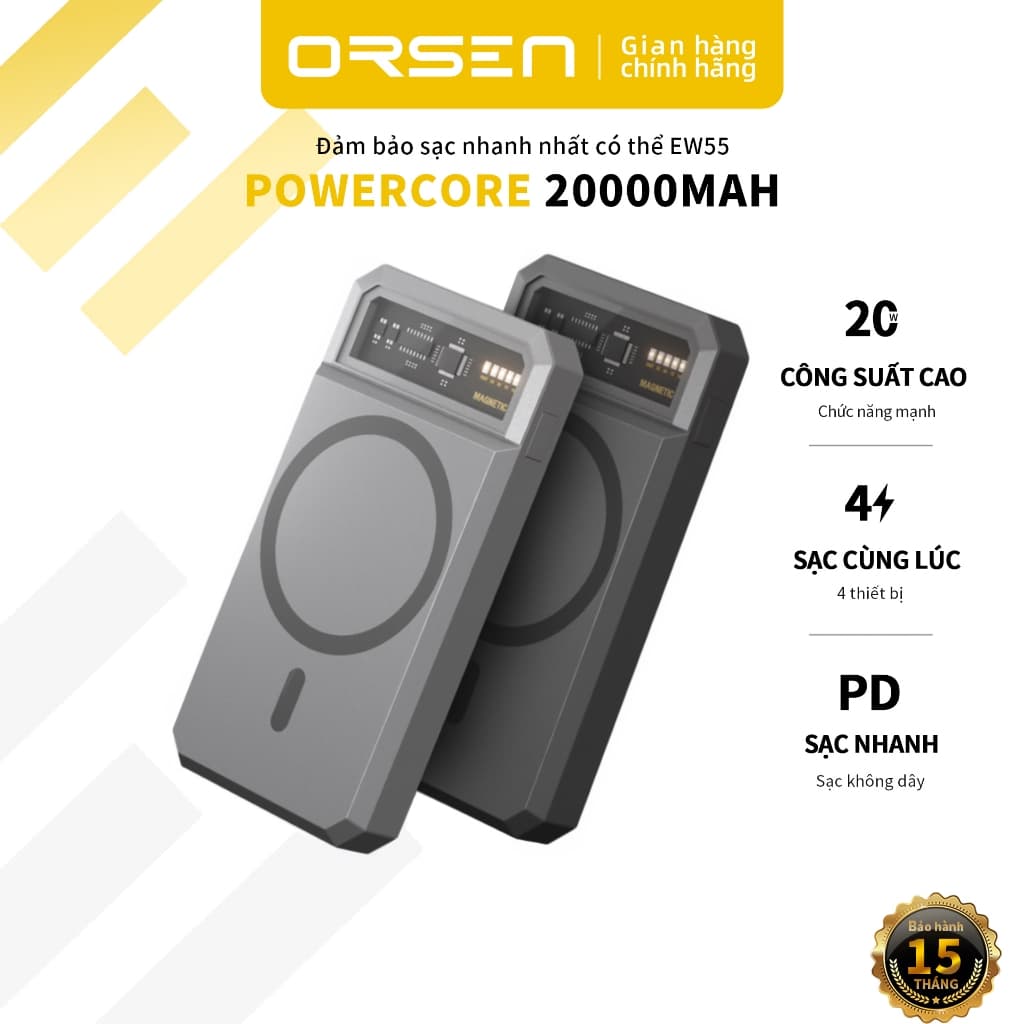 Sạc dự phòng từ tính ORSEN EW55 20000mAH PD 20w không dây USB Type C chính hãng