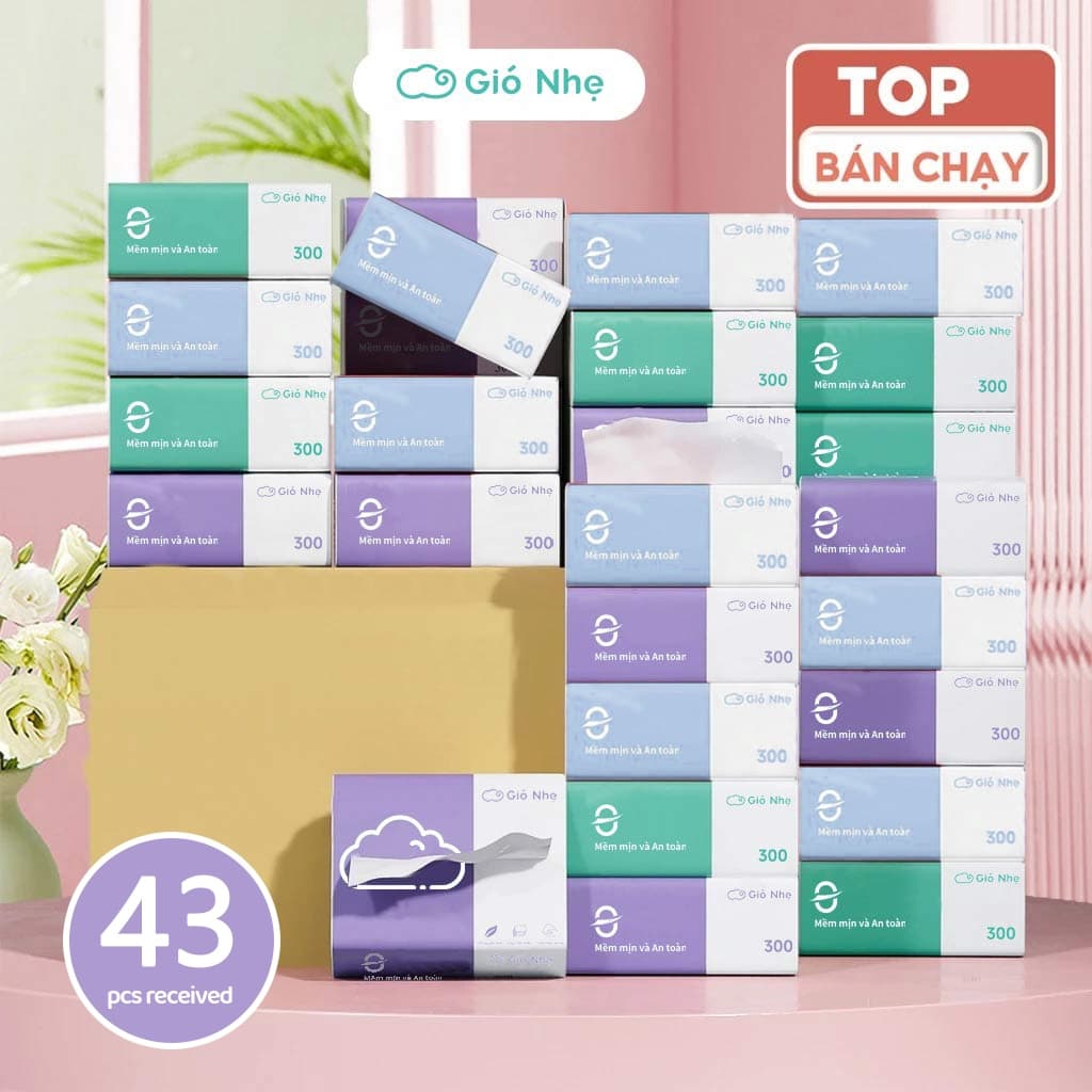 [Gió Nhẹ]Thùng 43 gói giấy ăn rút 3 màu cao cấp 4 lớp dày dặn mềm mịn