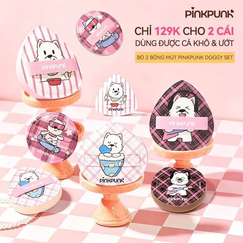 Bông Mút Trang Điểm PinkPunk Cute Doggy Set Mềm Mại Đàn Hồi Cao Dễ Tán & Không Hút Nền Tặng Kèm Hộp Đựng