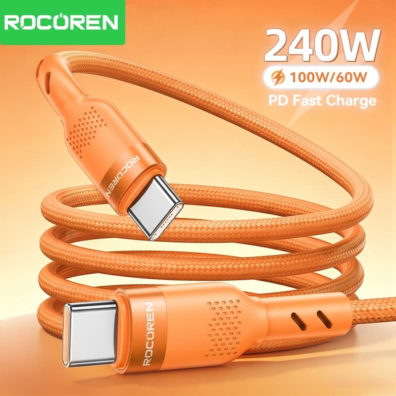 Cáp sạc nhanh Rocoren USB Type C sang USB C PD 240W 100W cho iPhone 18 17 Pro Max Samsung 60W Qiuck Charge USB A sang USBC 3A Dây 1m 2m