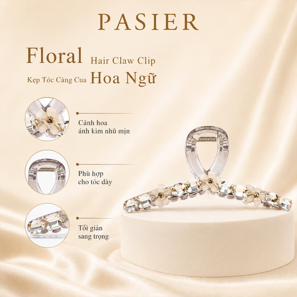 PASIER Kẹp tóc càng cua nữ phong cách tiểu thư, đính đá hoa tinh tế sang trọng kèm hộp quà FS9919