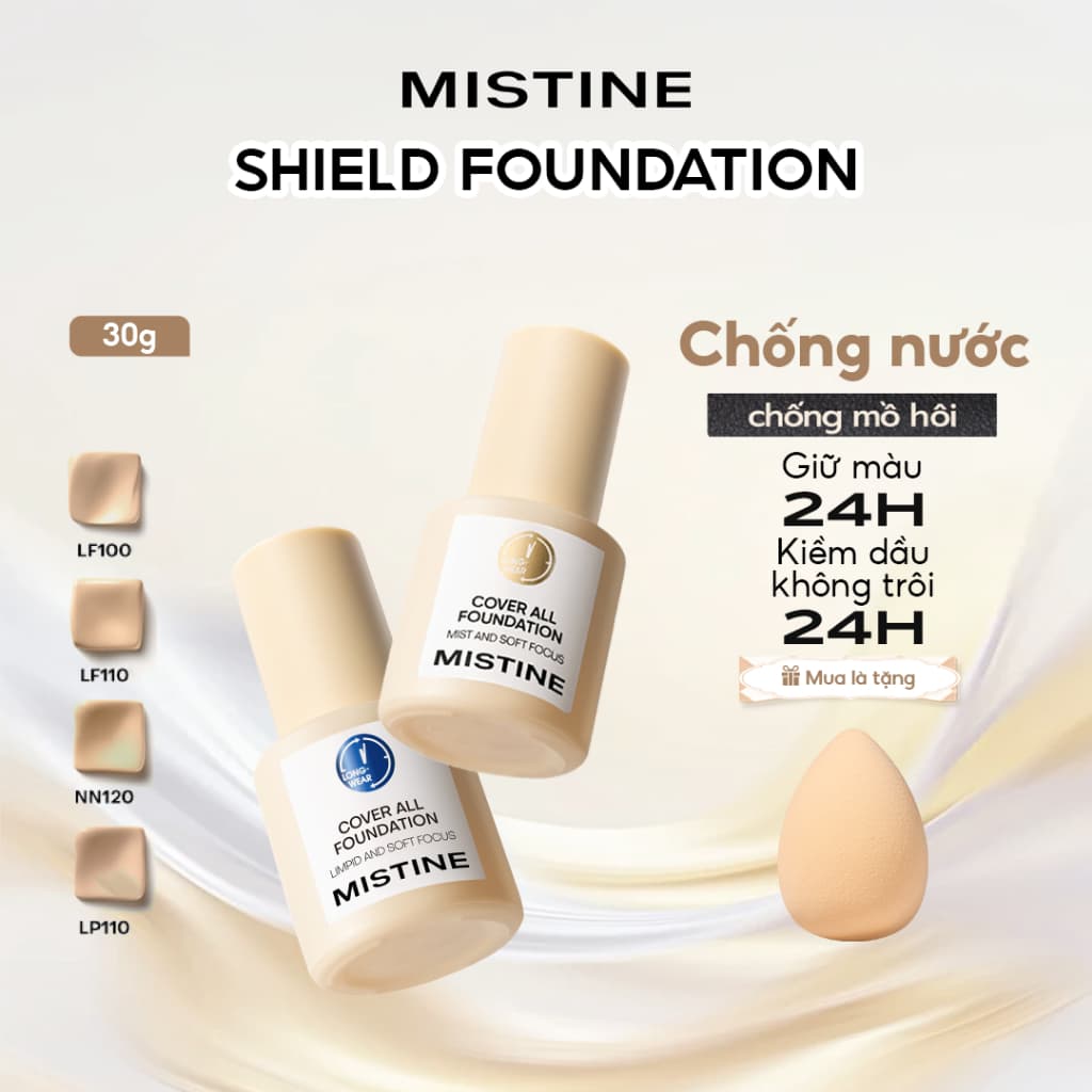 mistine shield Kem Nền Dạng Lỏng 30g – Finish Mịn Lì Tự Nhiên, Che Phủ Tốt, Kiềm Dầu Hiệu Quả, Chống Lem Trôi, Giữ Nền Bền Màu Cả Ngày