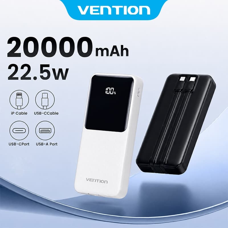 VENTION Sạc dự phòng 20000mAh Power Bank kèm cáp tích hợp 22,5W – Dây Type-C & Lightning tích hợp – Sạc nhanh PD 22.5W –Pin sạc dự phòng Màn hình kỹ thuật số – Hỗ trợ cáp kép cho iPhone 17/16/15/14/13/12/11, samsung, oppo, vivo, BH 12 tháng, Chính hãng