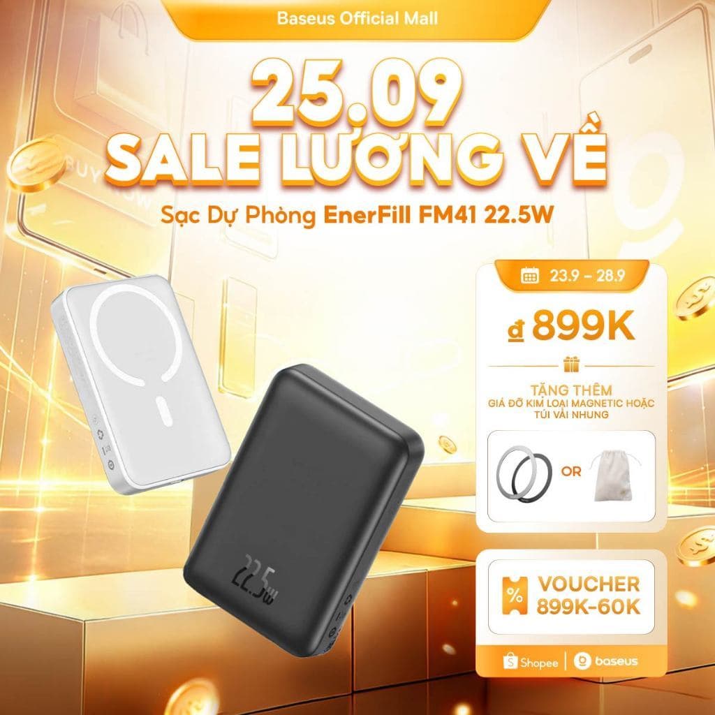 Sạc Dự Phòng EnerFill FM41 20W Baseus 20000mah mini không dây có nam châm tự động bật / tắt thích hợp cho phone 15 14 13 12 pro max