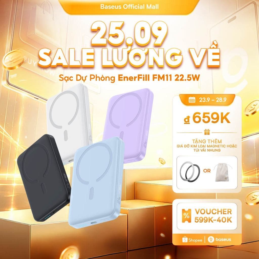 Pin sạc dự phòng không dây FM11 22.5W BASEUS 10000mah mini có nam châm thích hợp cho phone