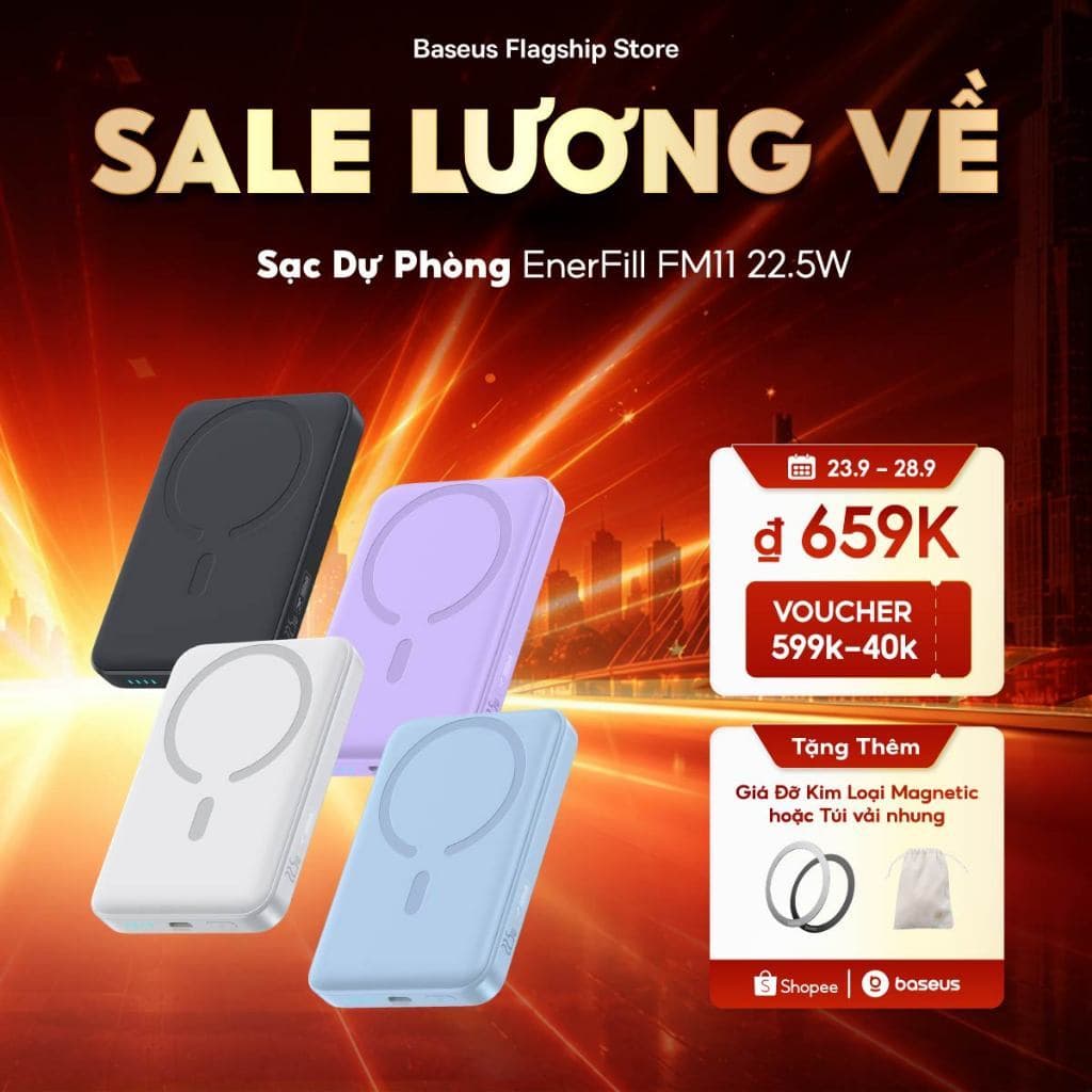 Sạc dự phòng 22.5W FM11 Baseus không dây mini 10000mah có nam châm tự động bật/ tắt thích hợp Dành cho iPhone 18