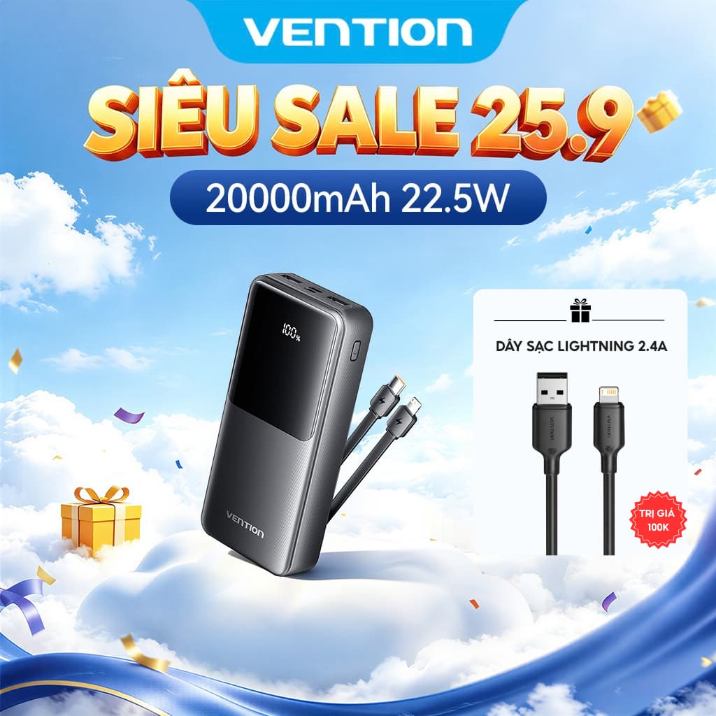 Vention Sạc Dự Phòng 20000mAh có sạc nhanh PD 22.5W - Tích Hợp Dây Type C, L - Power Bank- Công Nghệ Sạc Nhanh -Màn hình kỹ thuật số - Pin dự phòng cho phone 15 /14/13/12/11 XiaoMi Huawei Sansumg - Được Mang Lên Máy Bay - Hàng Chính Hãng, BH 12 tháng