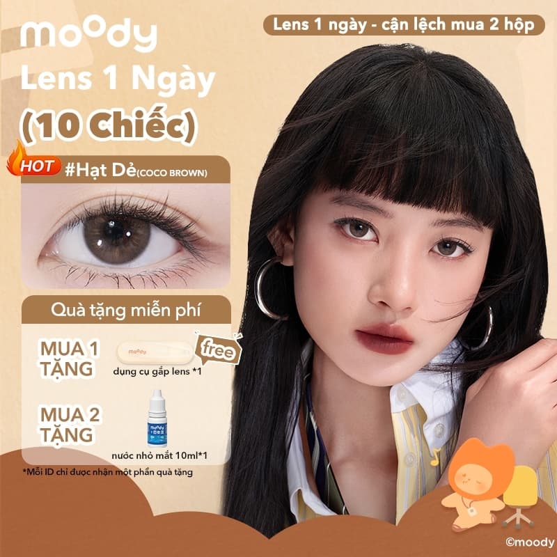 Set 10 chiếc kính áp tròng moody, lens 1 ngày Màu nâu tự nhiên, giãn tròng 14.2 - 14.5mm, Nâu Lục BST Tiểu Moo