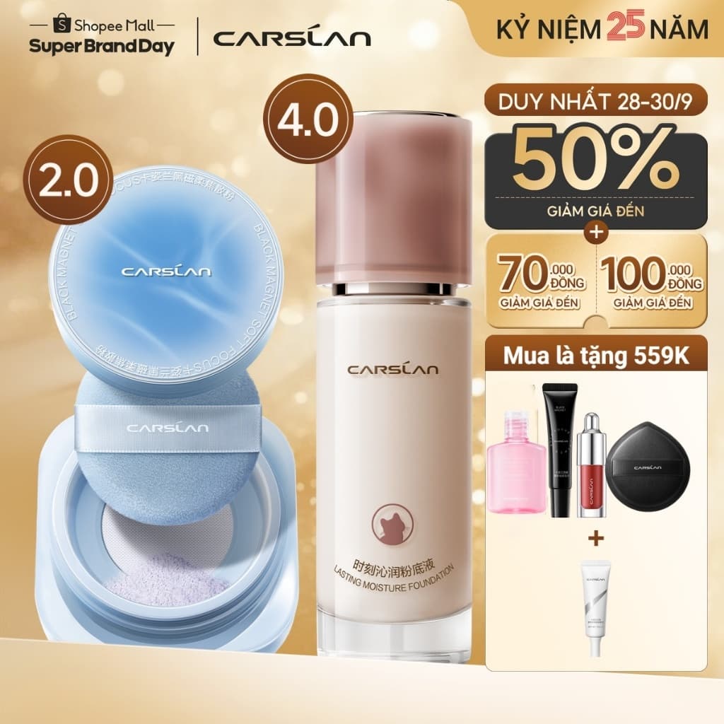 【COMBO】 Phấn phủ Carslan Black Magnet 2.0 8g + Kem nền ẩm lâu dài 4.0 mới Carslan 30g