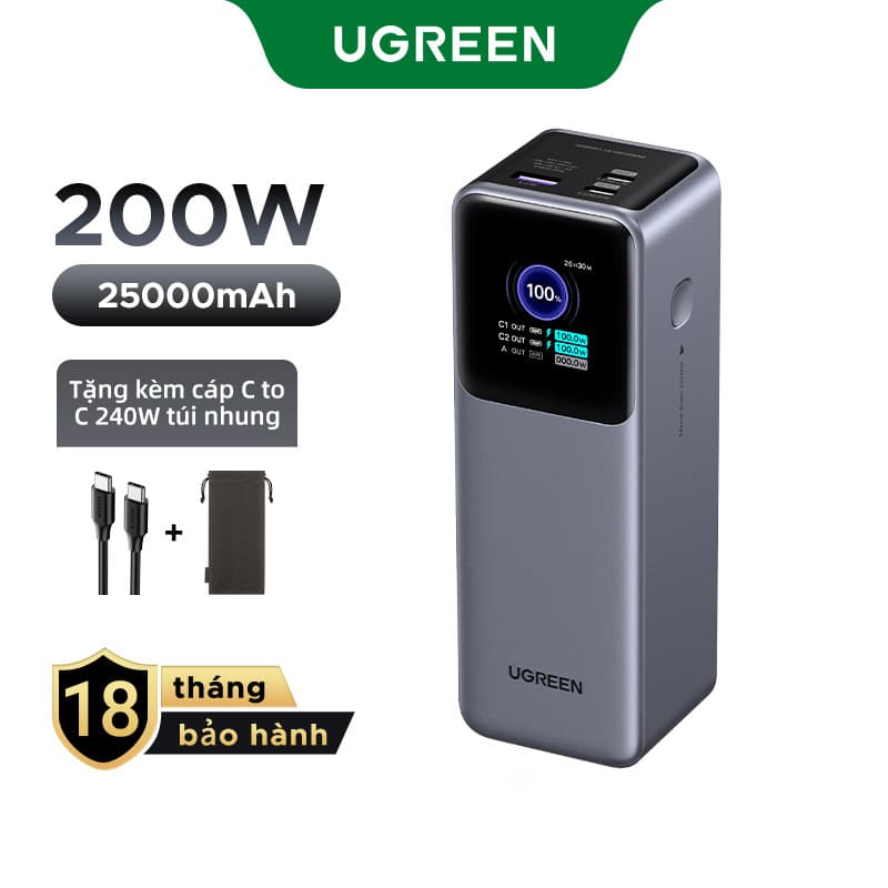 Pin sạc dự phòng Ugreen Nexode 25000mAh-200w/20000mAh-130w/12000mAh-100w | Màn LED | Bảo hành 18 thángcho iPhone 18 PM