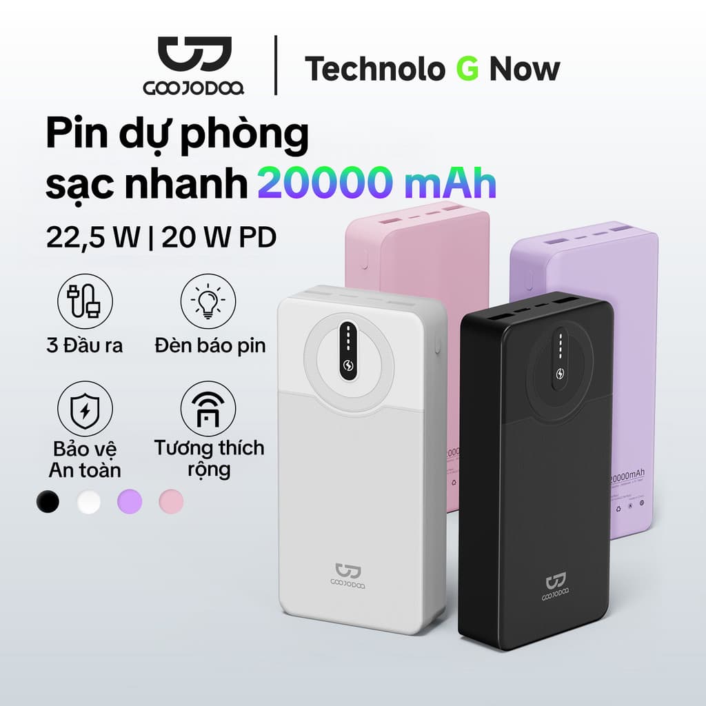 GOOJODOQ 20000mAh Power Bank Sạc nhanh USB Sạc Đèn LED di động 22,5W cho quạt điện thoại Pad