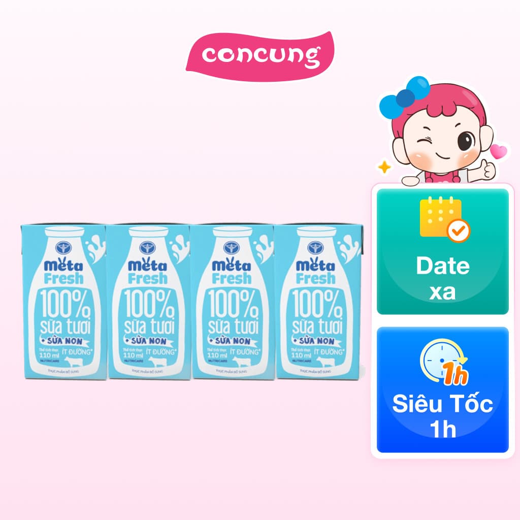 Sữa tươi ít đường bổ sung sữa non Metafresh 110ml, lốc 4 hộp