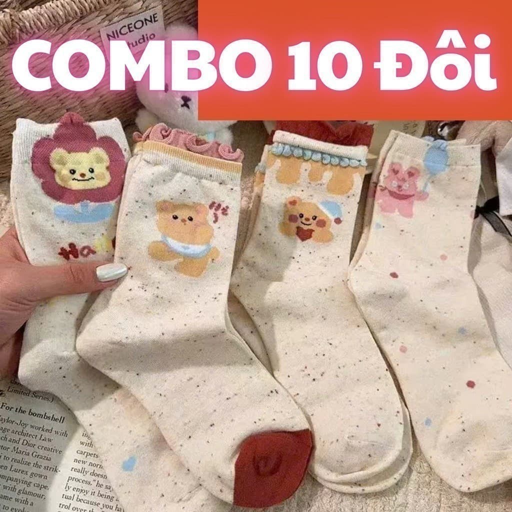 Combo 10 Đôi Tất Nữ Cổ Cao Gấu Xoăn Nhiều Hình, Vớ Cotton Cao Cấp Thoáng Khí ZepXinh.Store