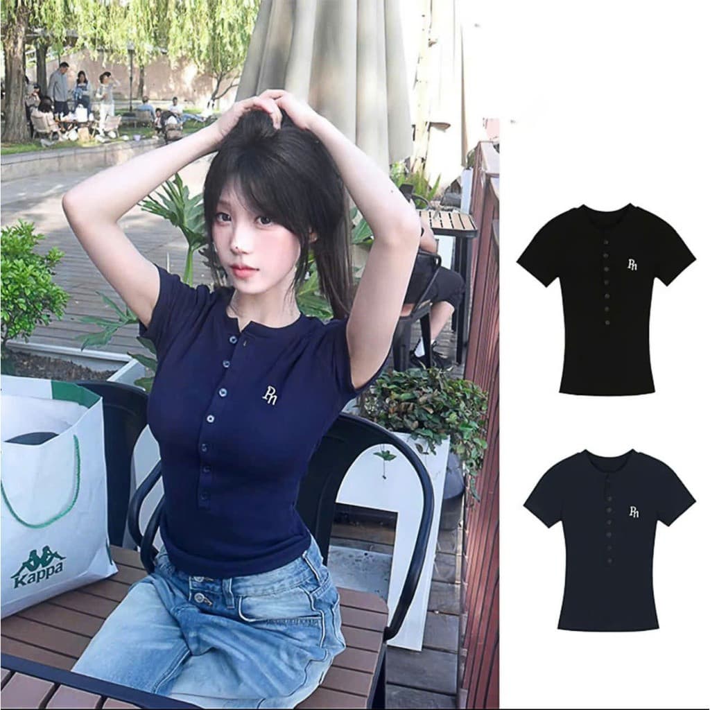 Áo thun croptop, áo kiểu babytee nữ ôm body ngắn tay cúc cài nữ 6 cúc in chữ RN