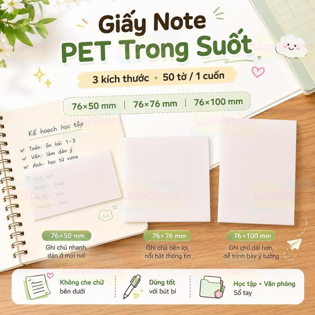 Giấy Note Trong Suốt PET Chống Thấm Nước Ghi Chú Đánh Dấu Tập Vở 50 Tờ Nhiều Kích Thước 76x50 76x76 76x100mm Tiện Lợi