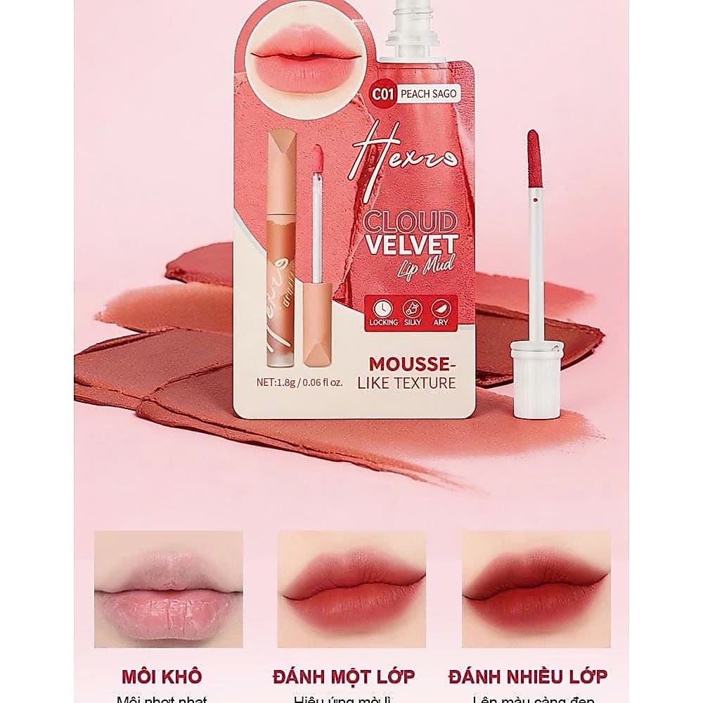 Son kem bùn dạng túi HEXZE CLOUD VELVET, hiệu ứng mịn lì như nhung, không bị khô môi