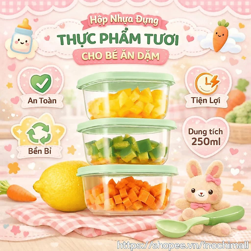 Bộ 3 hộp thực phẩm vuông mini 250ml Inochi - nhỏ gọn tiện lợi, đựng đồ ăn dặm, an toàn, cao cấp