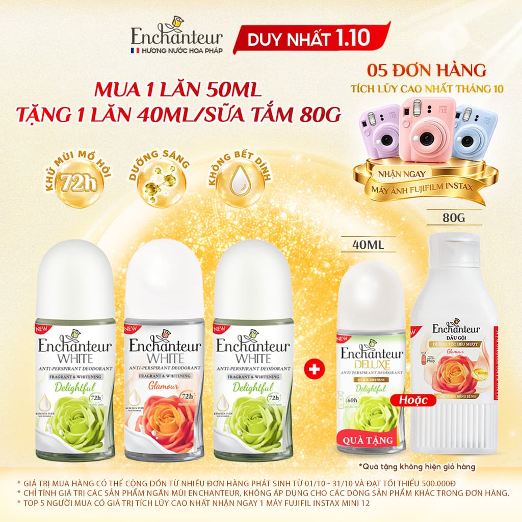 [TẶNG LĂN 40ML HOẶC SỮA TẮM 80G] Lăn Khử Mùi Enchanteur Deluxe/White Hương Nước Hoa Pháp 50ml