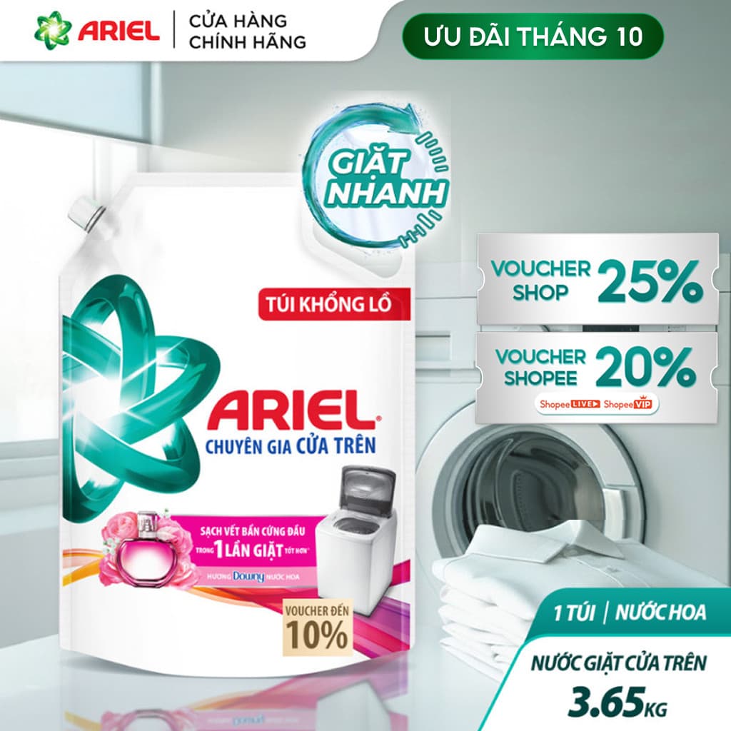 Nước Giặt ARIEL Cửa Trên Hương Downy Nước Hoa 3.65KG/ Nước giặt 10X giặt sạch túi 2.9KG