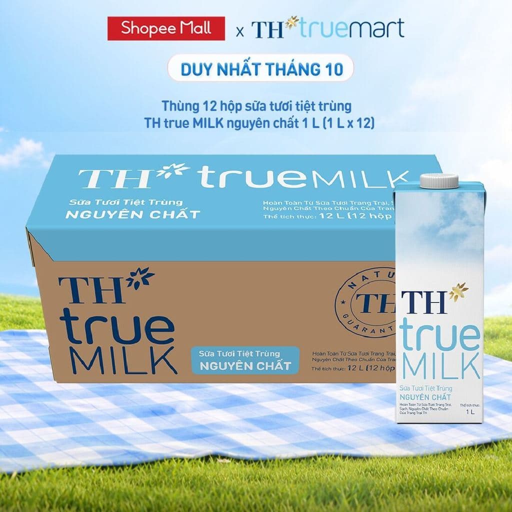 Thùng 12 hộp sữa tươi tiệt trùng TH true MILK nguyên chất 1 L (1 L x 12)