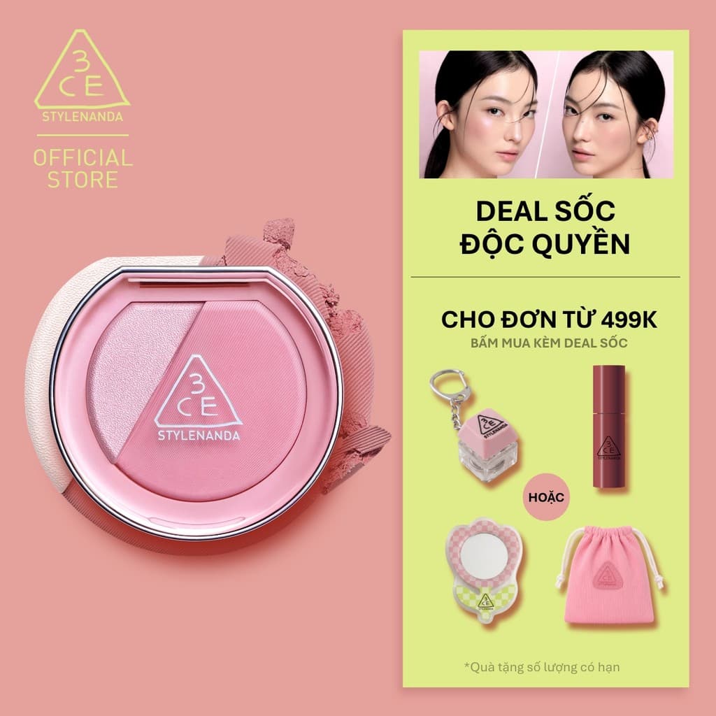 Phấn Má Hồng Bắt Sáng 3CE Blushlighter 2-Trong-1 Đa Năng, Dễ Tán, Tệp Da, Lâu Trôi, Rạng Rỡ Suốt Ngày Dài