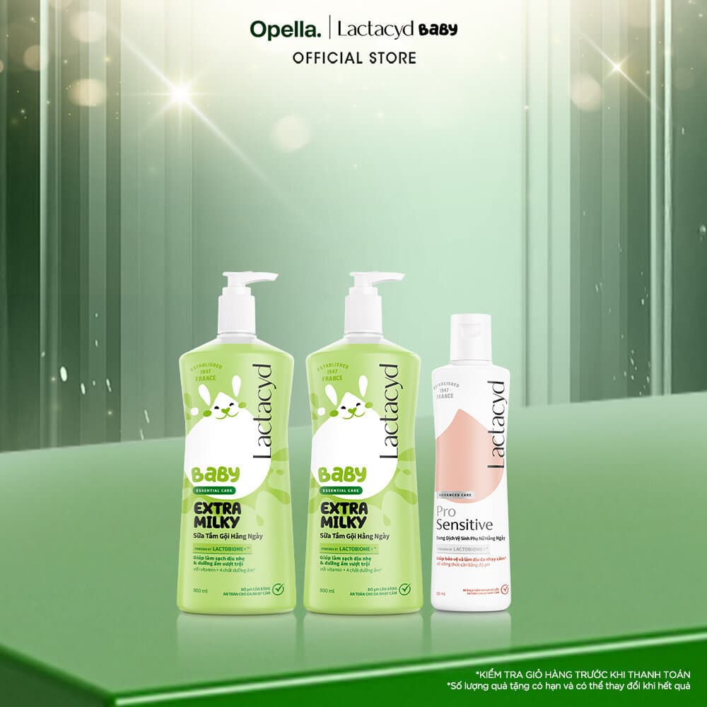 Bộ 2 Chai Sữa Tắm Gội Trẻ Em Lactacyd Baby Extra Milky Size Jumbo 800ml + Chai DDVS Phụ Nữ Lactacyd Pro Sensitive 250ml