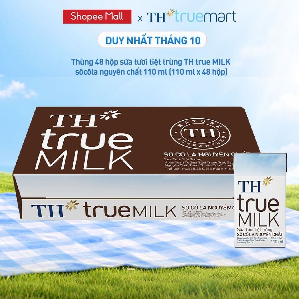Thùng 48 hộp sữa tươi tiệt trùng TH true MILK sôcôla nguyên chất 110 ml (110 ml x 48)