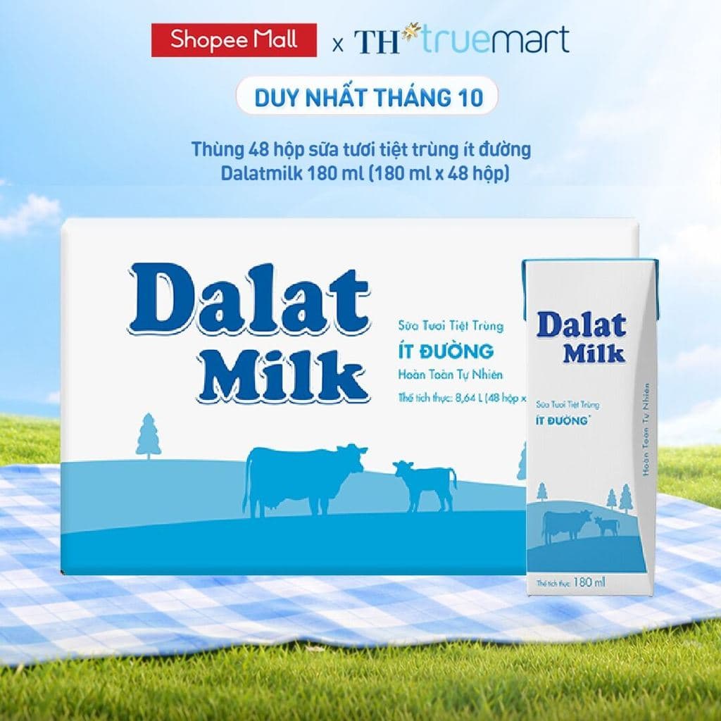 Thùng 48 hộp sữa tươi tiệt trùng Dalatmilk ít đường 180 ml (180 ml x 48)