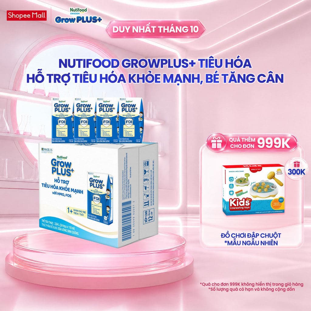 [TX] Thùng 24 hộp x 110ml Sữa bột pha sẵn Nutifood Sweden GrowPLUS+ Tiêu Hóa (Xanh Nhạt) 1+ - Tiêu hóa khỏe, tăng cân