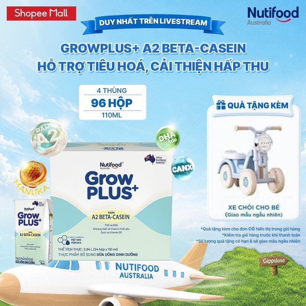 [OPEN] Combo 4 x Thùng 24 hộp Sữa bột pha sẵn GrowPLUS+ Đạm A2 Beta-Casein Hộp 110ml hỗ trợ tiêu hóa, hấp thu dưỡng chất