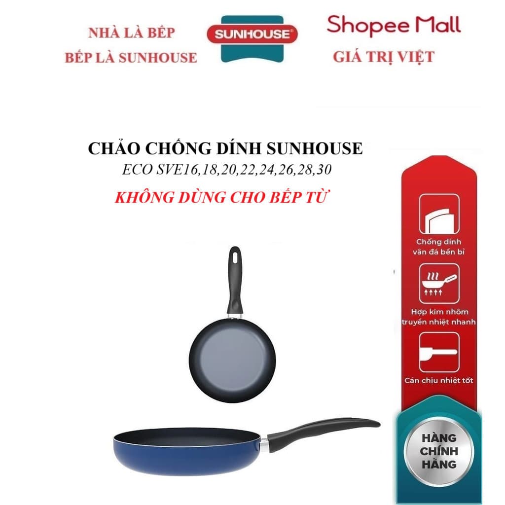 Chảo trơn chống dính Sunhouse Eco SVE16/SVE18/SVE20/SVE22/SVE24/SVE26/SVE28/SVE30_ Chống dính hai lớp bền bỉ 